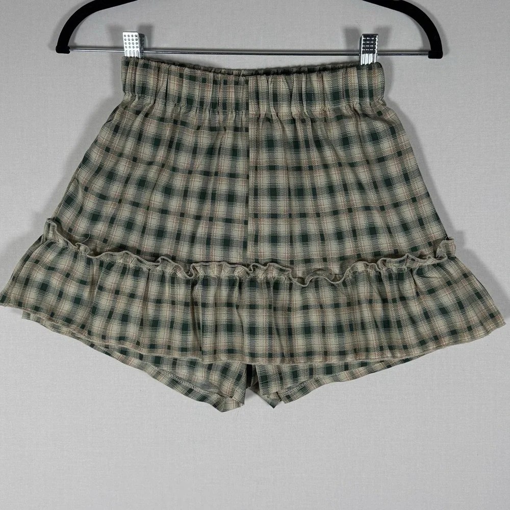 Academia Cottage Core Plaid Bloomers Mini Shorts Sage Yellow Cream Ruffles